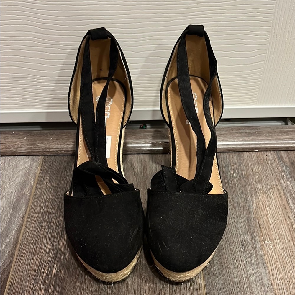 Brash Black Espadrilles with Wedge Heel and Lace Up Design